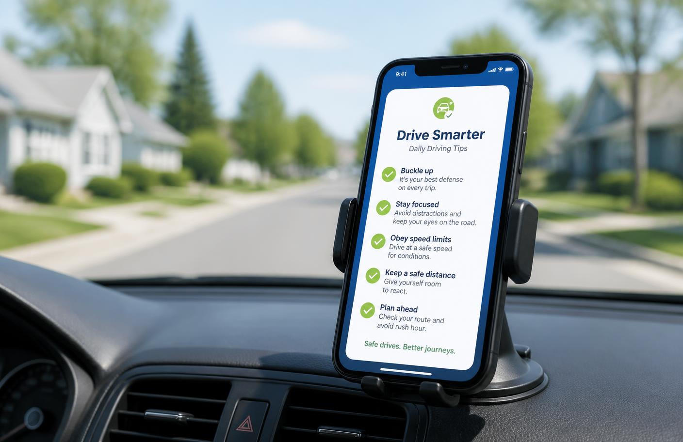 Smartphone on a dashboard mount showing a driving tips checklist while parked