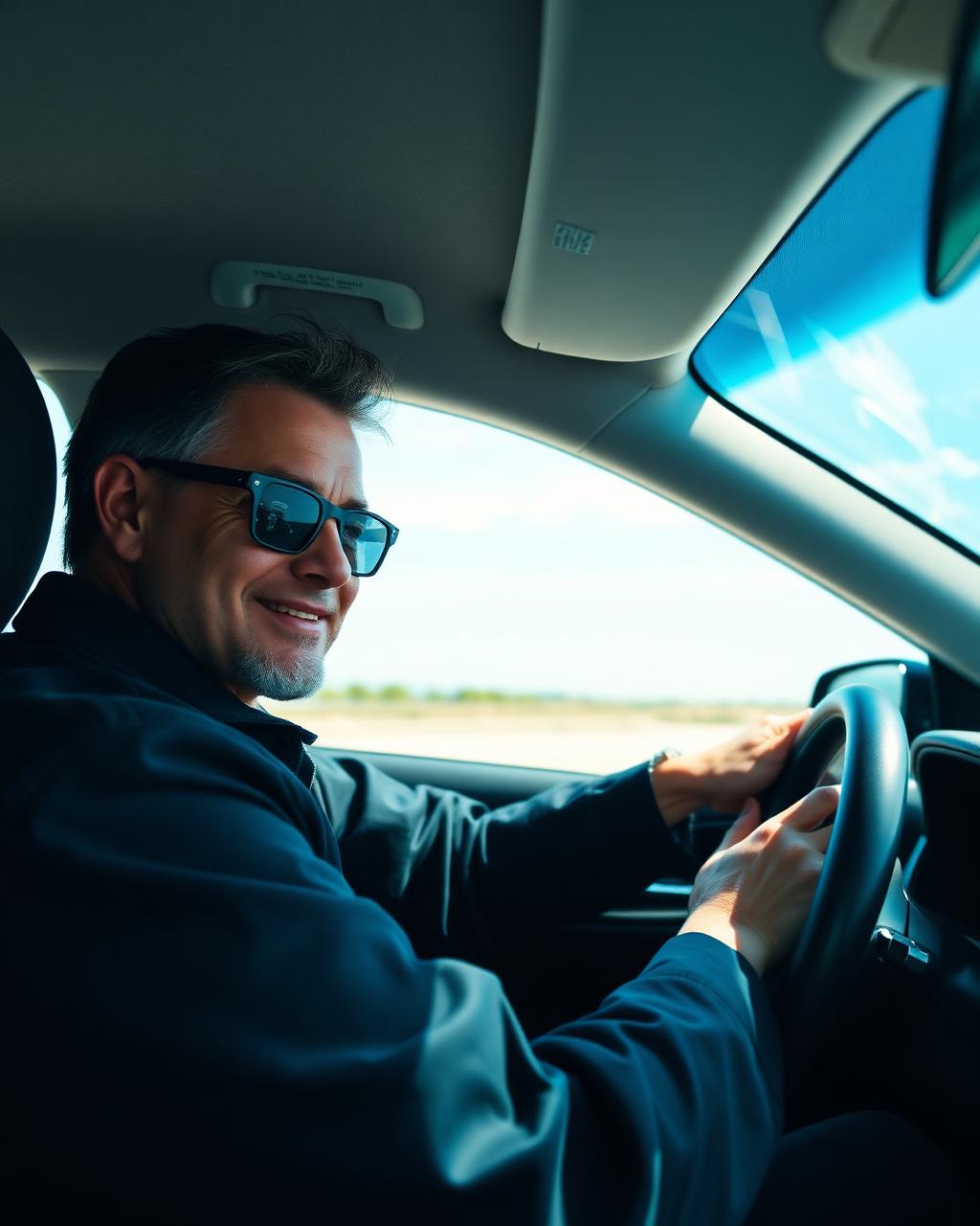 Driver at the wheel of a car on a clear day