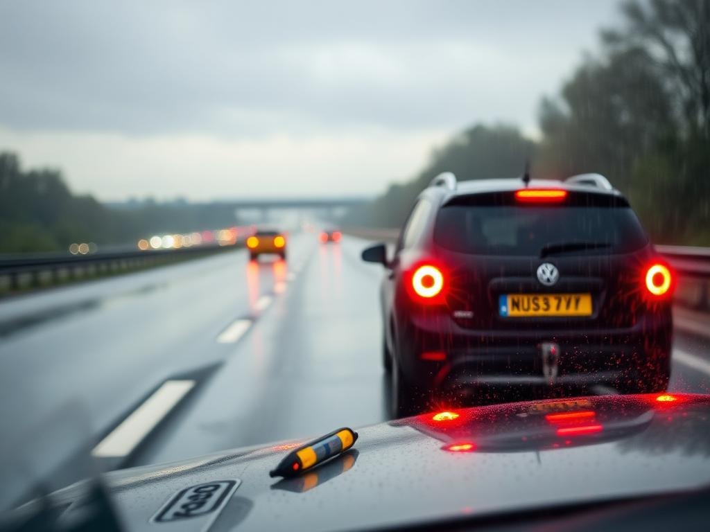 Car brake lights glowing on a wet motorway in the rain