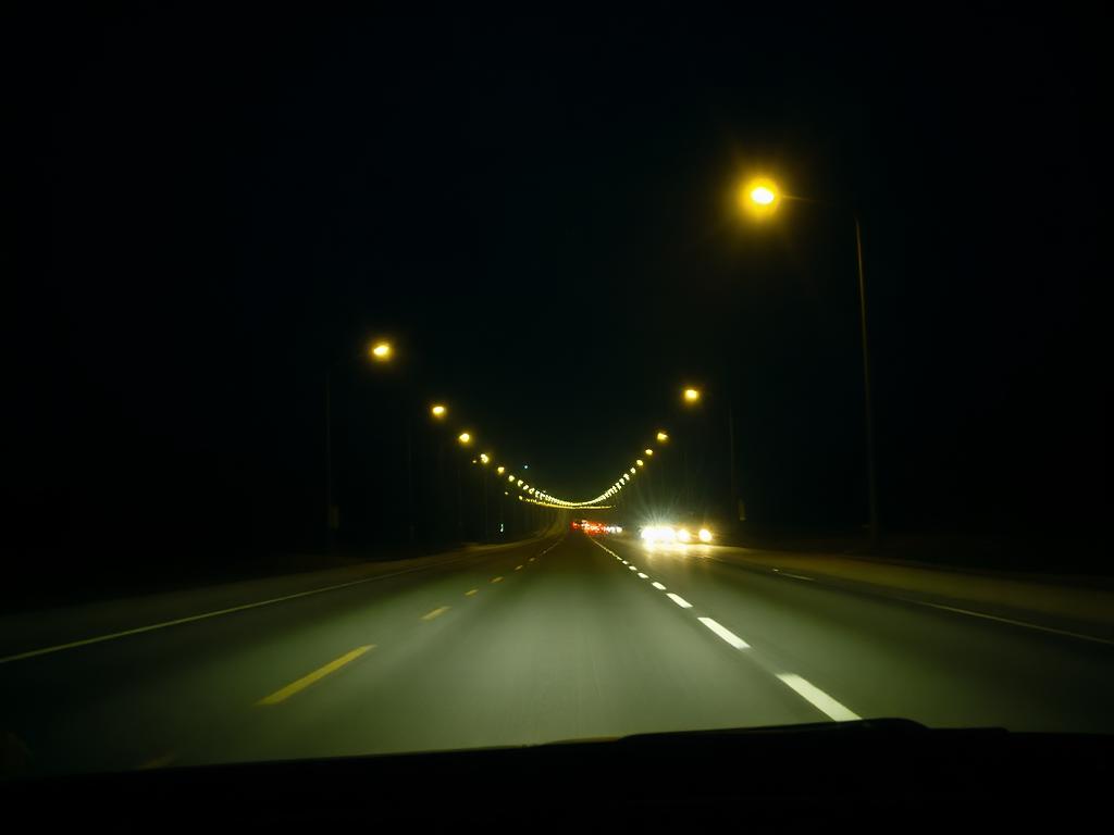 Highway at night seen through a windshield