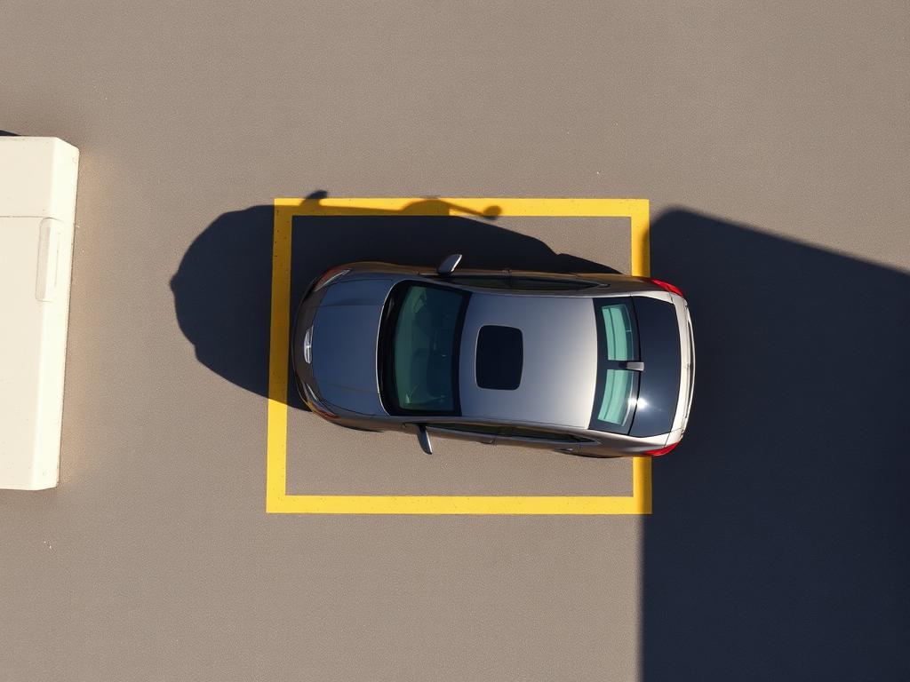 Overhead view of a car parked inside a marked parking bay