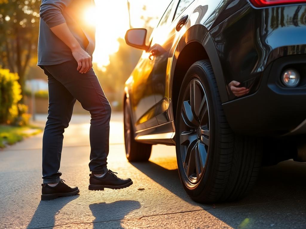 Person walking around a car checking the tires before a trip