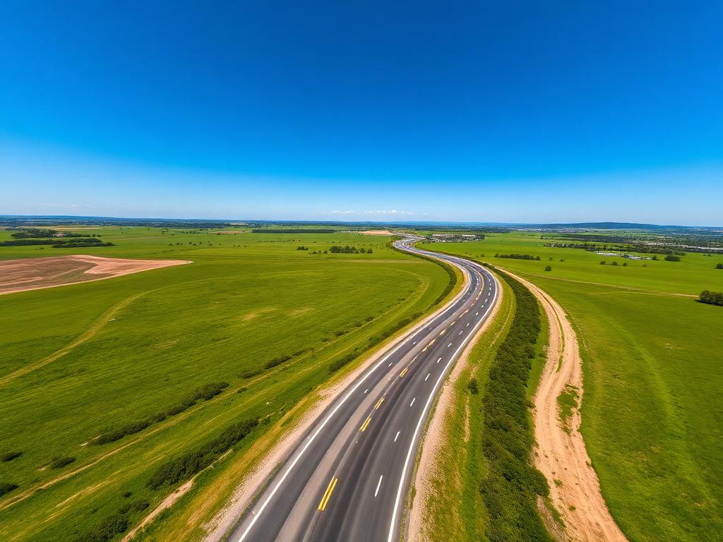 Aerial view of a highway curving through open countryside